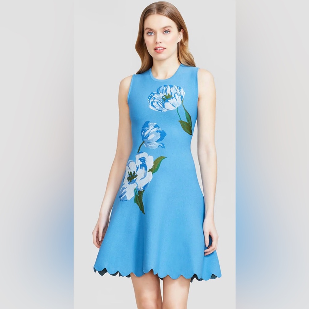 Lela Rose Floral Jacquard Knit Sleeveless Dress Cerulean/ Ice Blue/ XS
